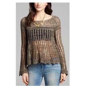 New FREE PEOPLE Brown Long Sleeve Annabelle Crochet Pullover Top Size M